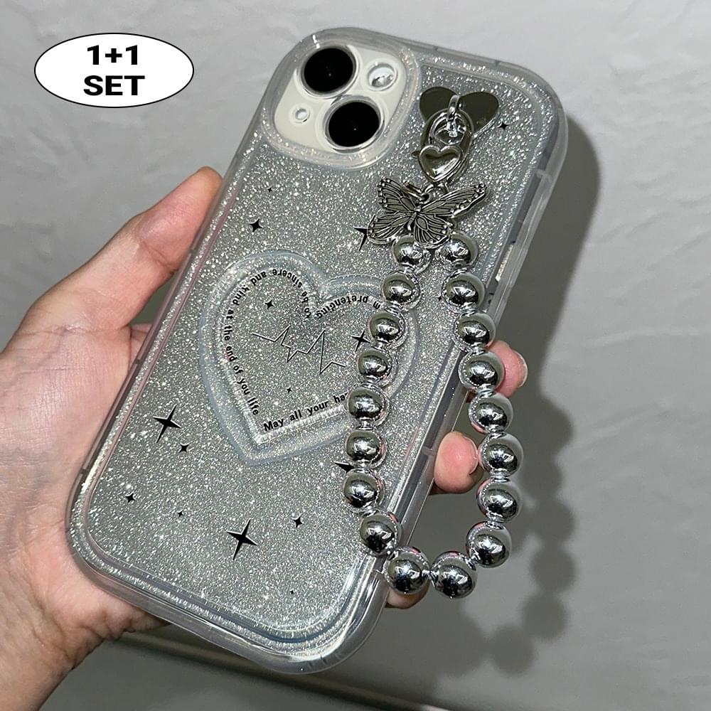 Metal Ball Ball Heart Butterfly Keyring Set Glitter Glitter iPhone Case