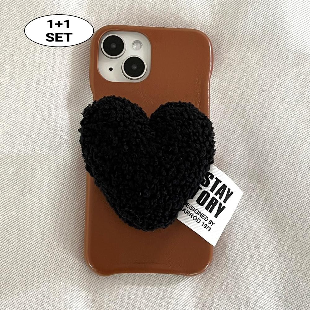 Foam Fleece Black Heart Smart Talk Set Leather Brown iPhone Case