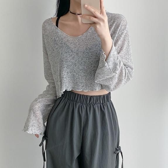 Jaja see-through cover Knitwear T cover-up knit tee bikini layered swimsuit coordination linen tee Ribbed tee V-neck tee V-Neck tee body type cover 长袖上衣