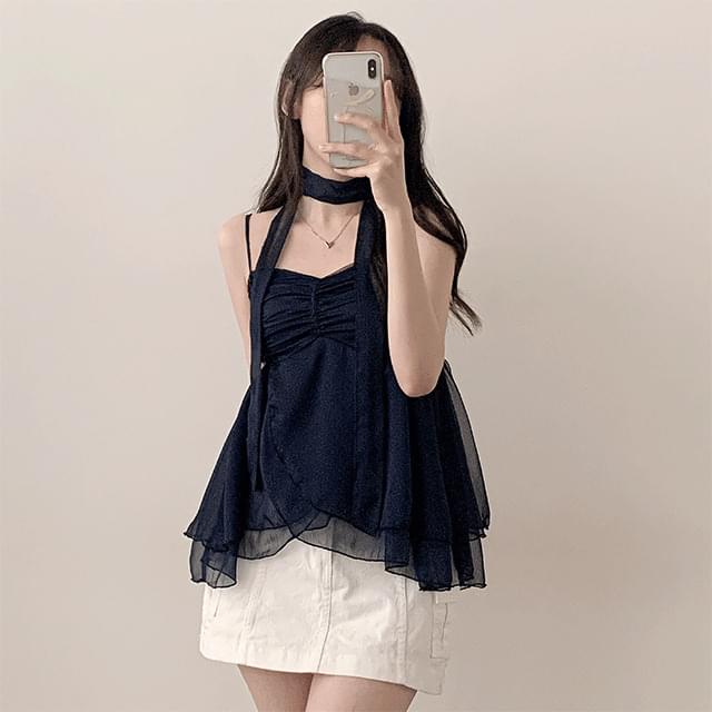 Mute Chiffon Muffler Top Sleeveless Blouse Choker Two Piece Set 套装
