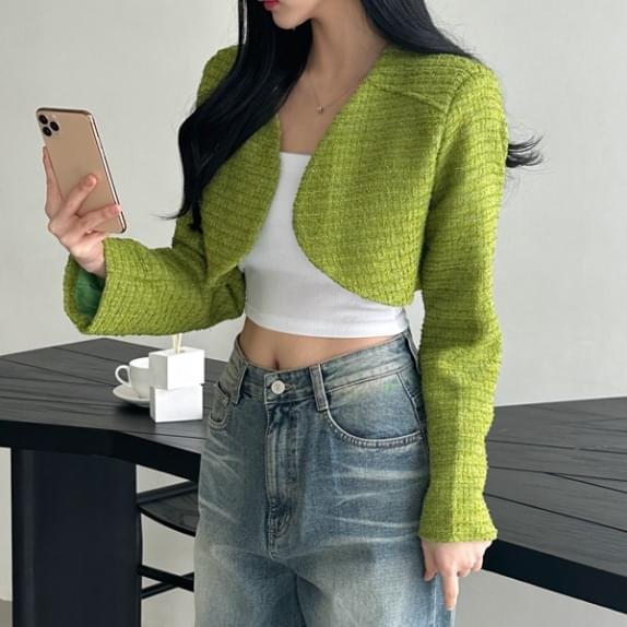 Hip bolero tweed JK tweed jacket short jacket cropped jacket bolero jacket no-collar jacket green jacket spring new arrivals hip mood