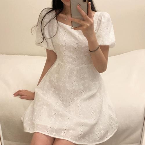 Square Neck Punching Puff Short Sleeve Mini One Dress