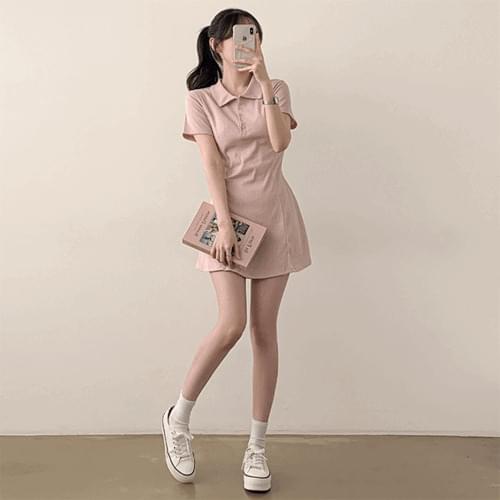 Ansling Ribbed collar Split flare short sleeve mini Dress