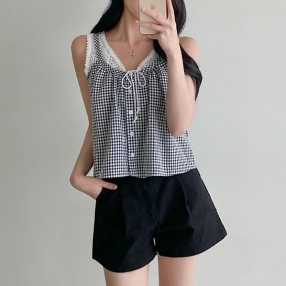 Planning Baduki check lace Sleeveless BL lace Sleeveless Sleeveless tank top bustier sleeveless ribbon string ethnic crop avant fit layered