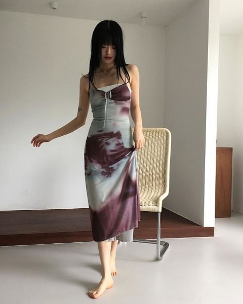 레바 타이다이 나염 셔링 끈 롱 원피스