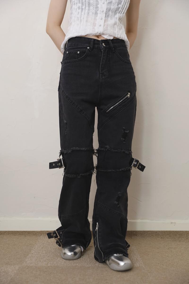【COLOR iN ID】Low buckle banding denim pants DSDZ Men's Punk Style Ripped Slim Fit Paint Jeans with