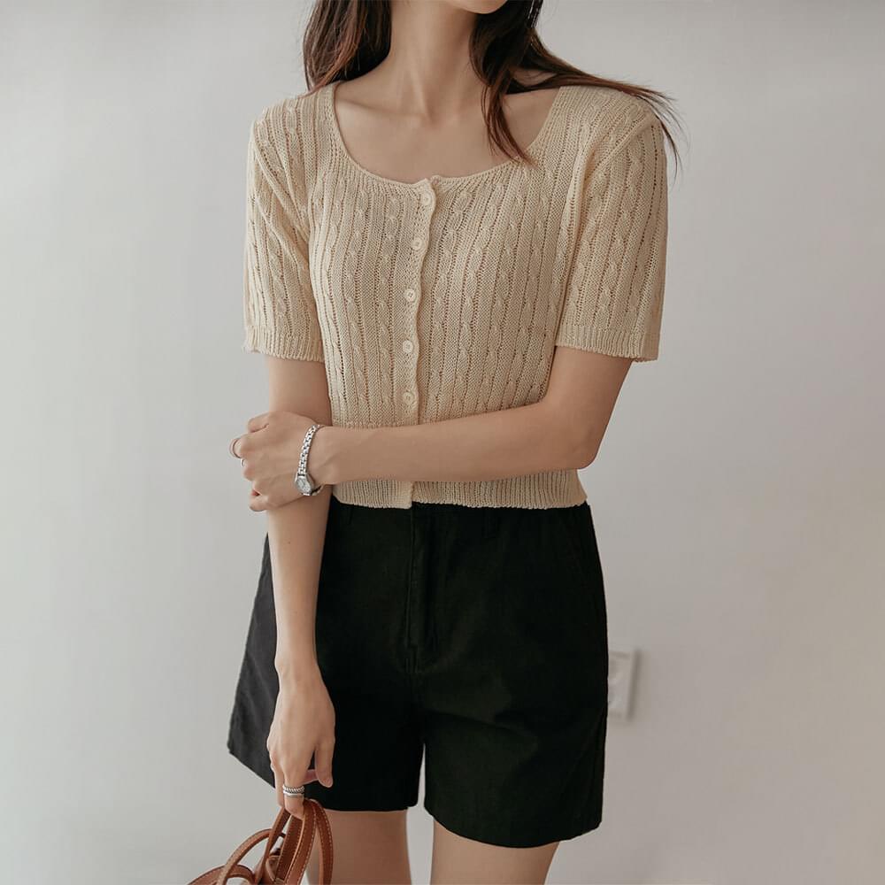 S/S 마이린 케이블 스퀘어 넥 1/2 니트 가디건 (봄/여름/반팔/꽈배기/세미 크롭/슬림핏/데일리/베이직)