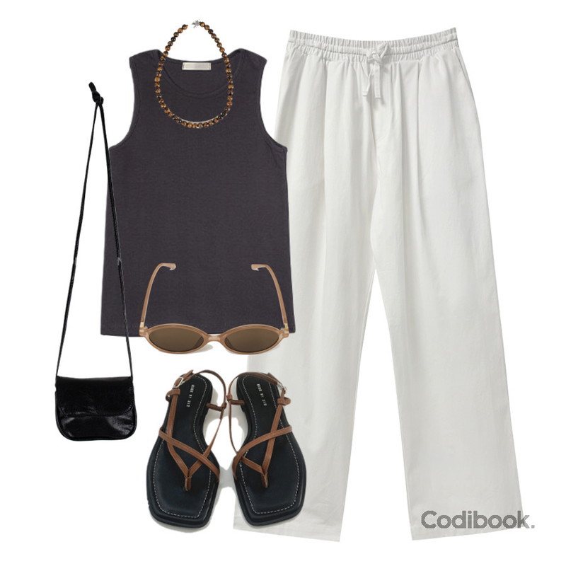 AAKE LIKE COTTON WIDE PT (6color),From Beginning 오피스 라운드선글라스 (5color),MAGLE 모던 쪼리샌들 - 3 color등을 매치한 코디