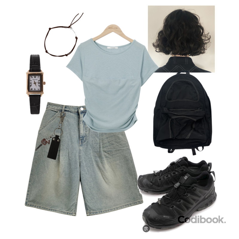 porterna 로드 스퀘어 워치,binary01 하이리 - 레더목걸이&팔찌,AAKE BIZZO ONE-TUCK BERMUDA DENIM (light blue)등을 매치한 코디