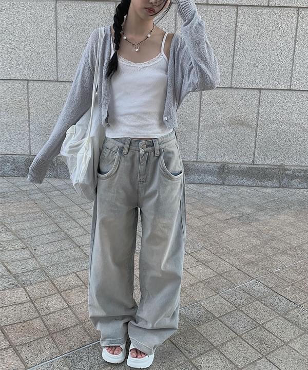 시우 연청 워싱 와이드 팬츠