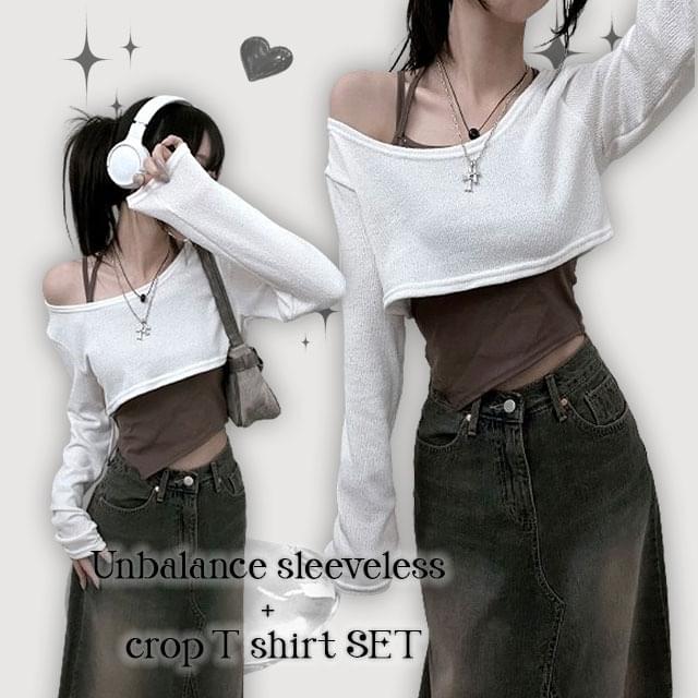 Sleeveless + cropped bolero t-shirt set 长袖上衣