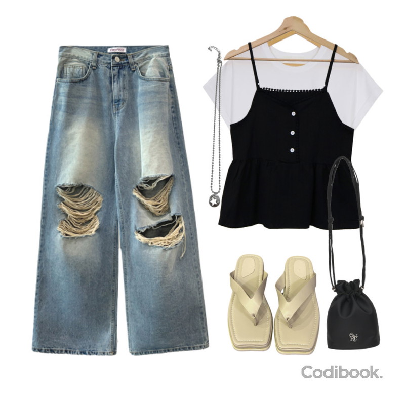 AAKE STAR PUNCHING NECKLACE (star),byclothes 베이직 스퀘어 쪼리 슬리퍼,GENERALIDEA WOMAN GNRL 크로스 버킷 백등을 매치한 코디