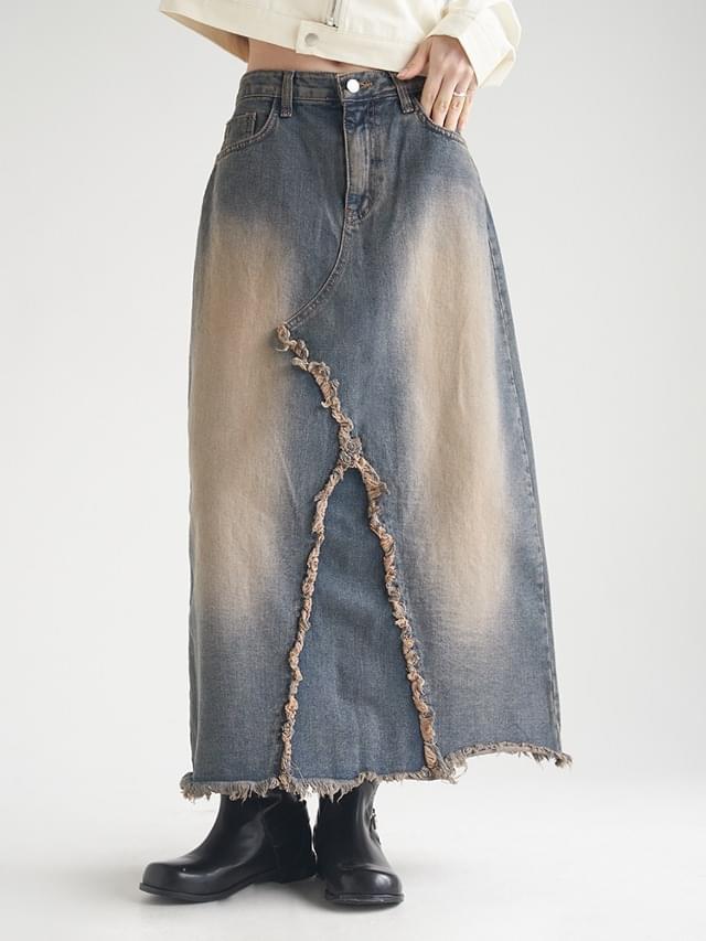SL Blim Vintage Denim Faded Fringe Denim Long Skirt