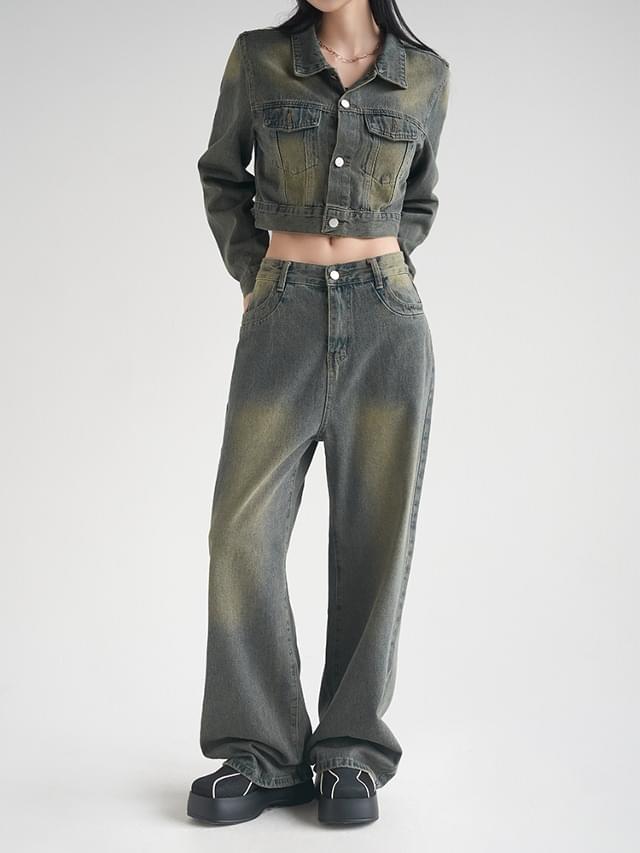 55-77 Lotta Vintage Faded Denim Crop Jacket Wide Pants Set
