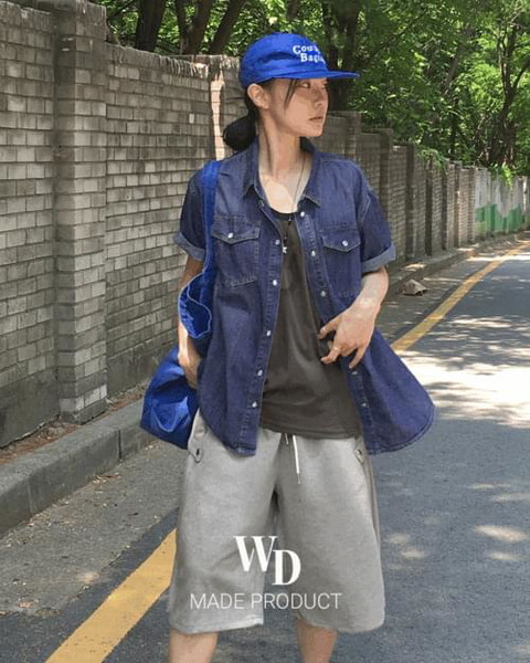 에카 썸머 워싱 스냅 버튼 포켓 반팔 데님 셔츠