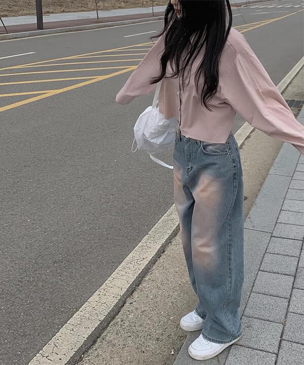 鬆垮款水洗丹寧寬褲