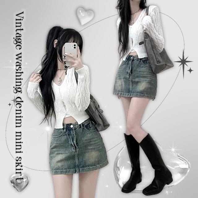 Ribble Vintage Blue Faded Denim Mini Short Skirt