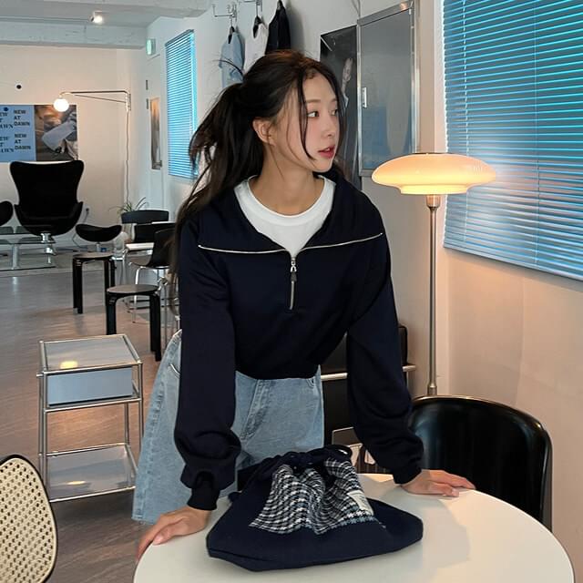 Big Size 55-88 Poppy Raglan Leather Zipper Half Zip Up Crop Juri Sweatshirt 长袖上衣