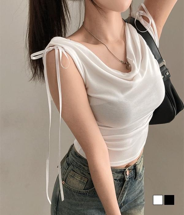 미니 리본 드레이프 오프숄더 나시 티셔츠