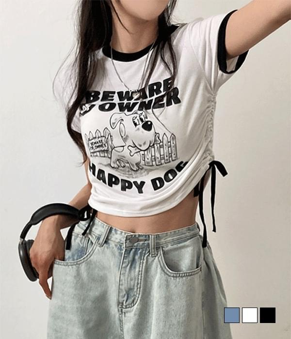 해피즈 배색 리본 옆셔링 크롭 링거 반팔 티셔츠