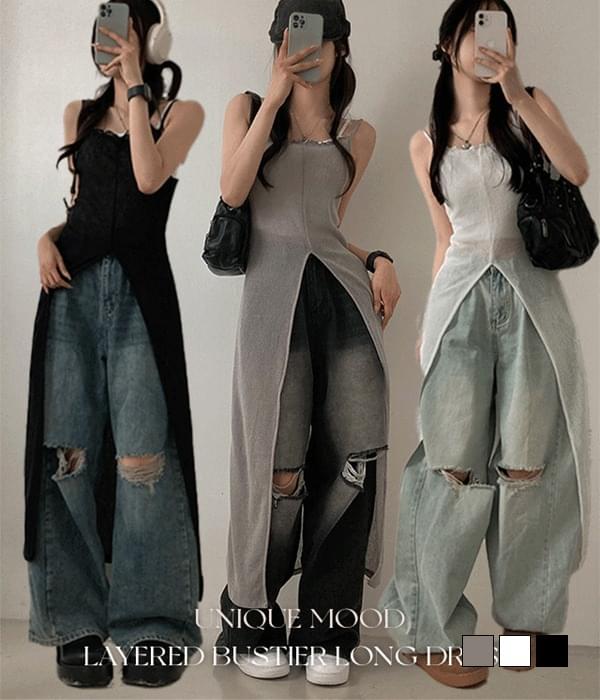 Unique and Split slit layered long bustier sleeveless Dress