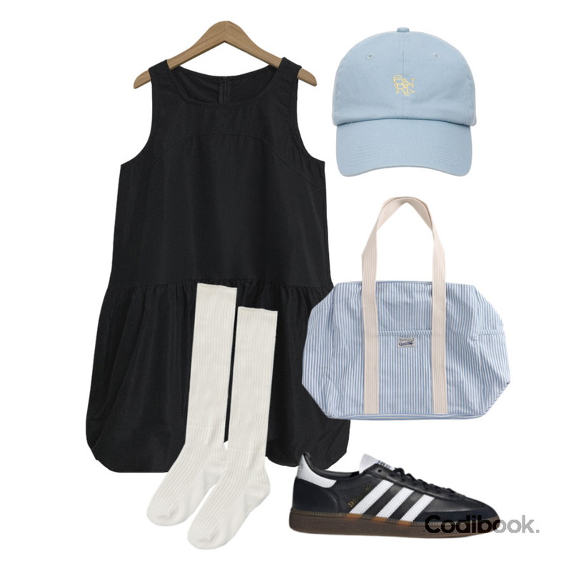 MAGLE 봉긋 항아리 원피스 - 2 color,AAKE DAILY LINEN SOCKS (4color),frenchaube 텐션 여름 캔버스 에코백 숄더 코튼 여행 가방(4color)등을 매치한 코디