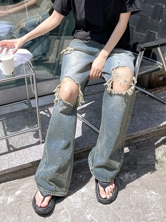 ビッグサイズS-3XLリバルブダメージウォッシュブルー青ワイドデニムパンツジーンズ