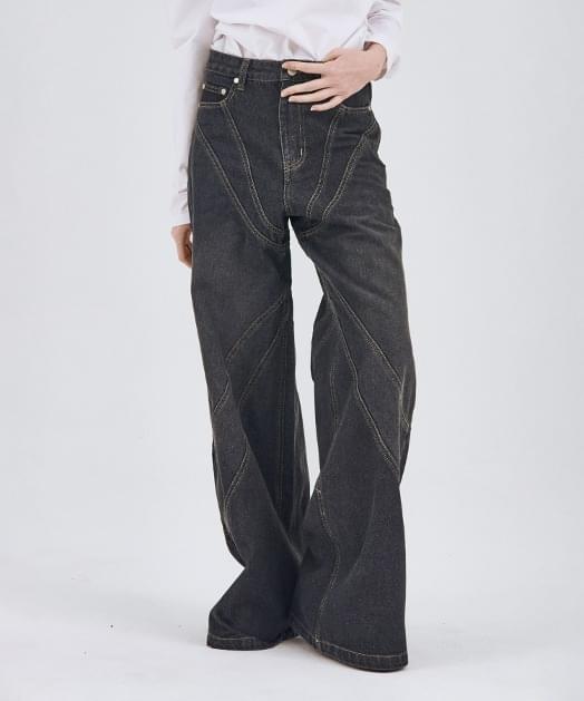 Extreme stitch point semi Flared denim pants
