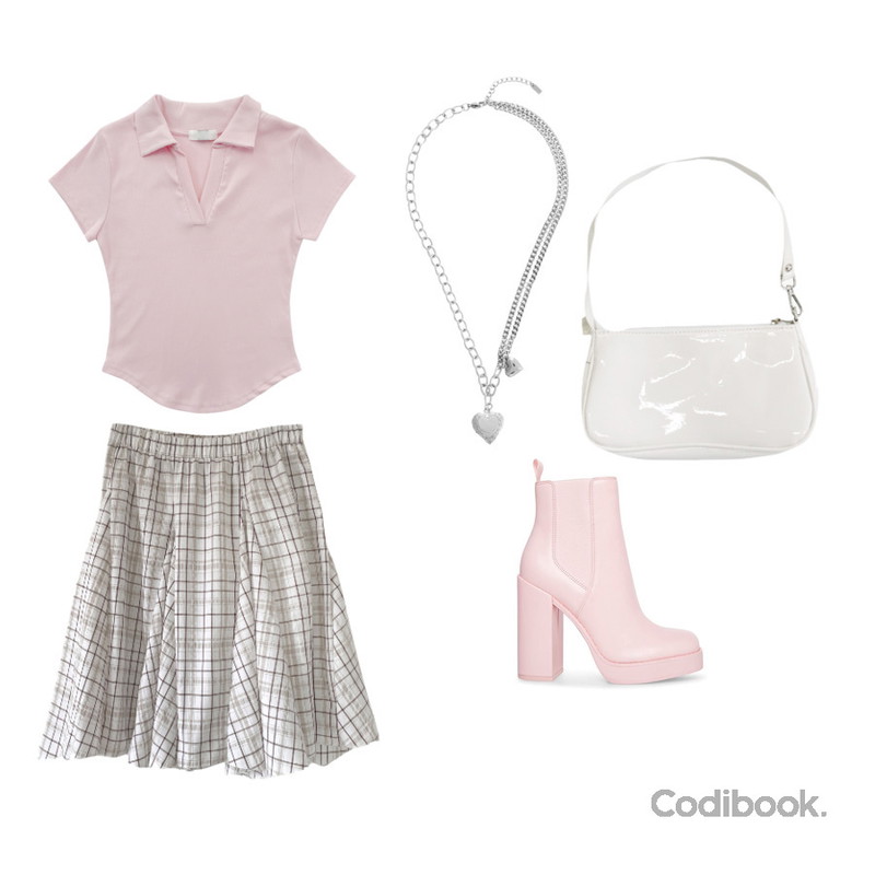 frenchaube 토니 에나멜 비비드 숄더 미니백 가방(4color),porterna 오더 실버 네크리스,AAKE V-NECK KARA HALF T (5color)등을 매치한 코디