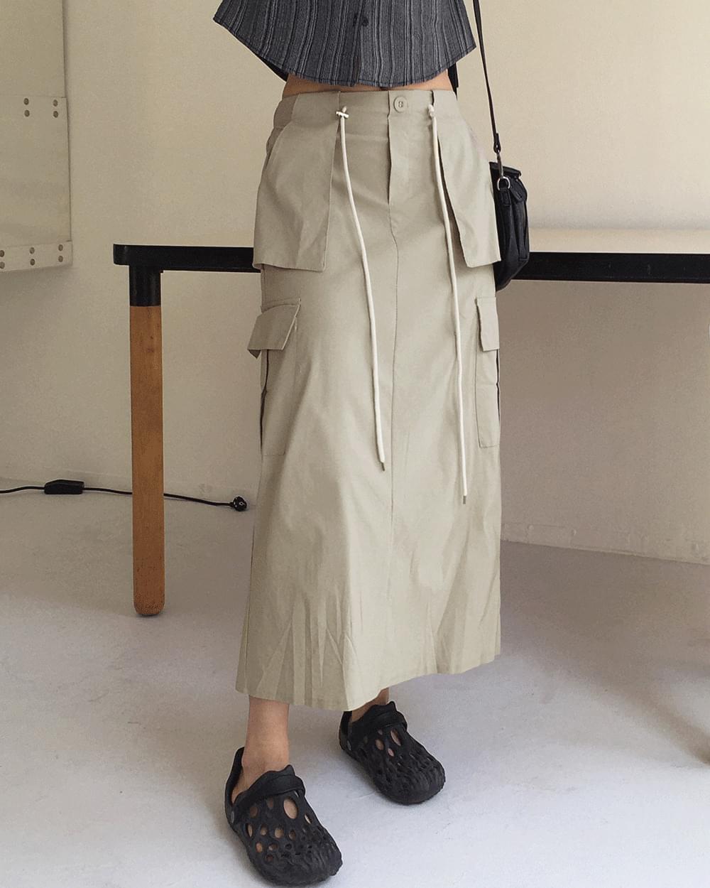 Abe nylon string cargo back banding long skirt
