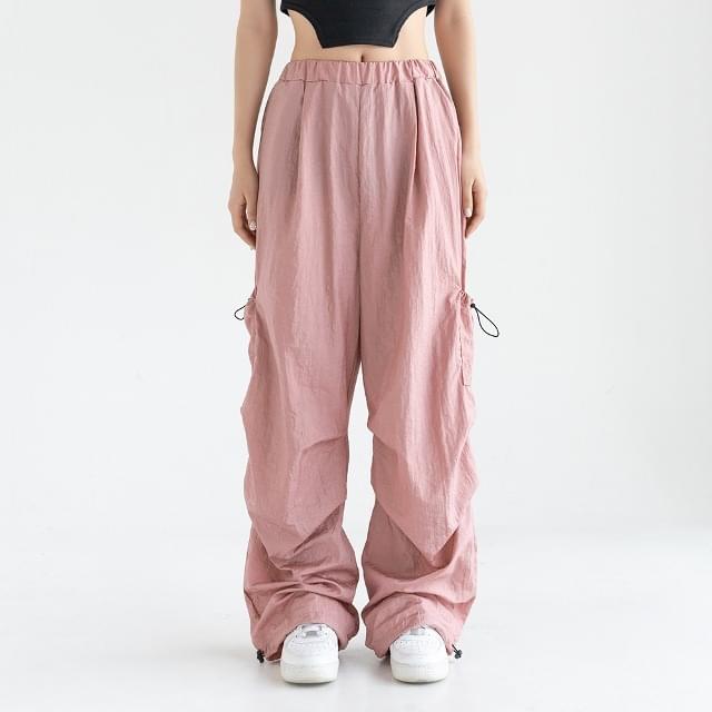 S-2XL Shine Nylon String Wide Banding Jogger Cargo Pants Trousers Rainy Season Look