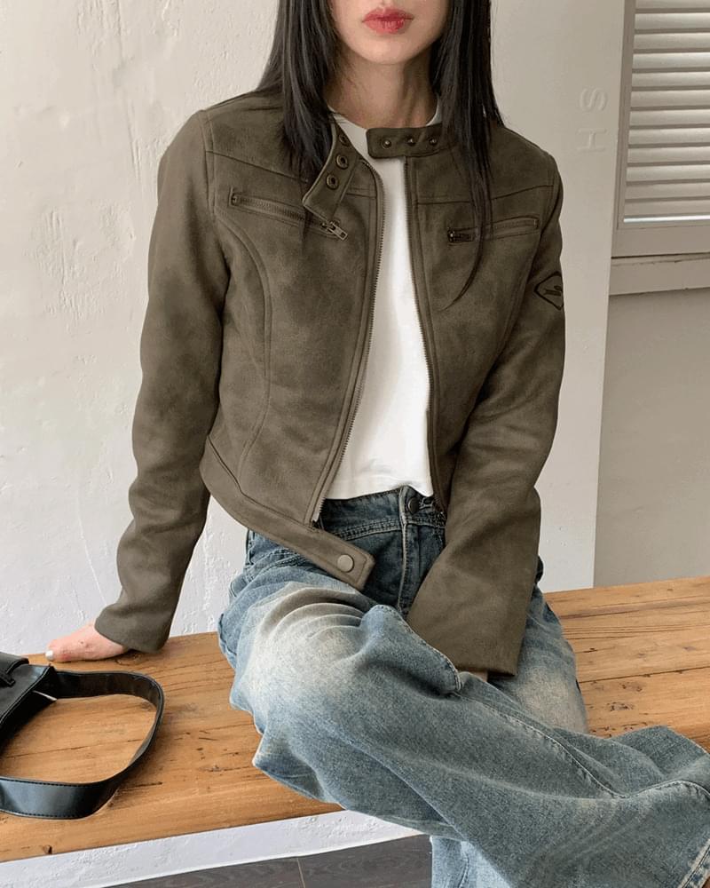 【WONDER WONDER】Tf No Collar V Short Leather Jacket wonderwonder - Nugget no-collar biker cropped leather jacket