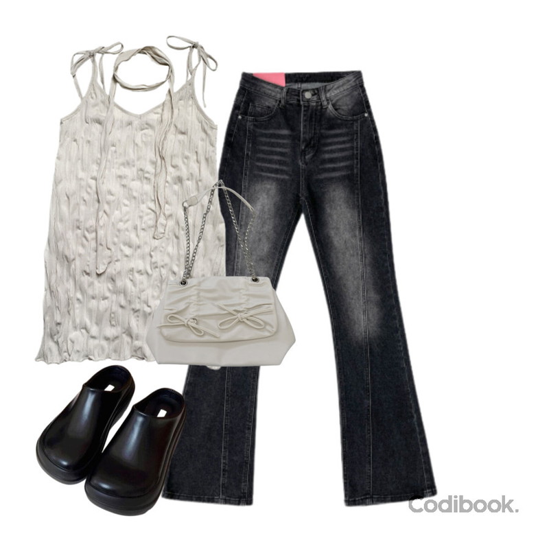 anyonemore 뉴얼 링클 머플러원피스 세트 (3color),Daltt 두잇 클로그 뮬,BOKPLACE ~XL빈티지 유니크 절개 스판 세미 부츠컷 데님팬츠등을 매치한 코디