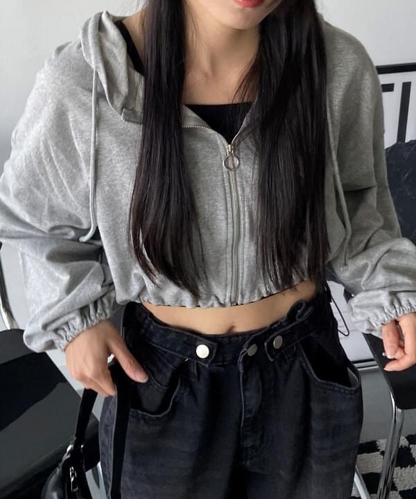 Cree string plain juri crop hooded zip-up 3 colors