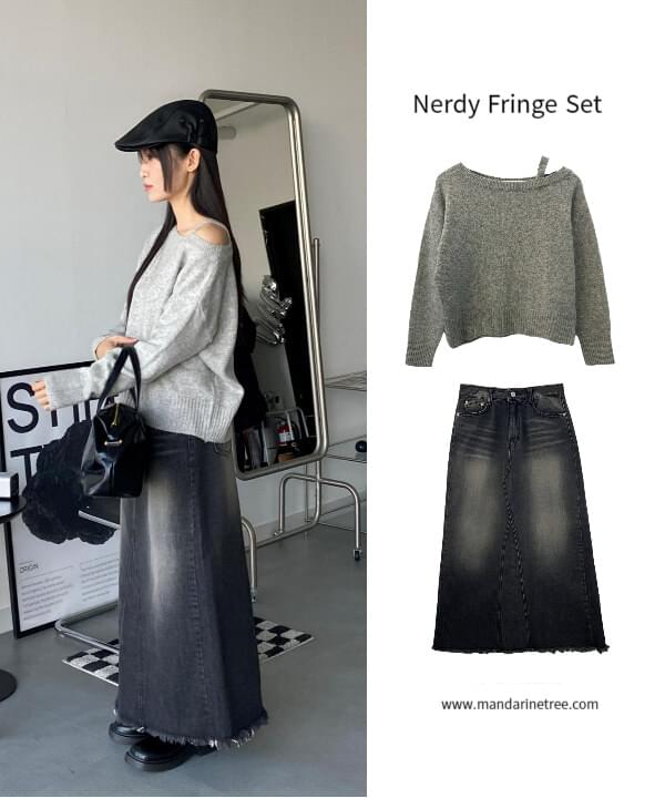 Nerdy fringe off-shoulder Knitwear + Black Denim denim long skirt denim skirt two-piece 1 set