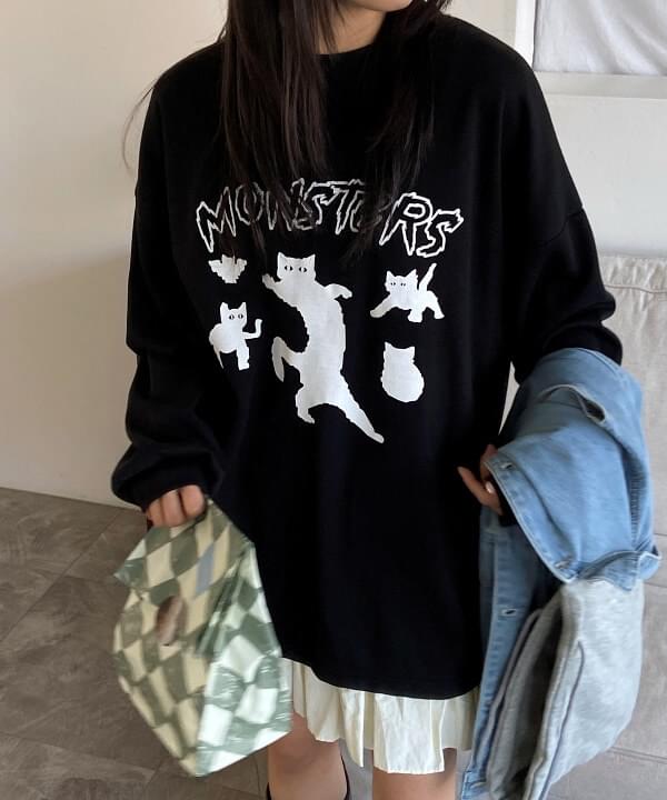 Monster cat printing lettering spring long sleeve Sweatshirt 2 colors