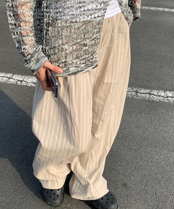 Coated waist string stripe wide cotton long pants 3 colors 長褲