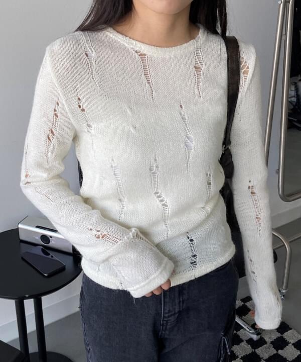 ET Damage Round Neck Plain Spring Long Sleeve Knitwear 2 Colors