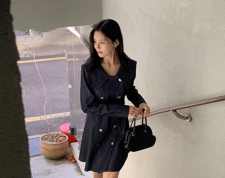 Carubena Denim Sailor Collar Double Button Belt Mini Dress 短裙