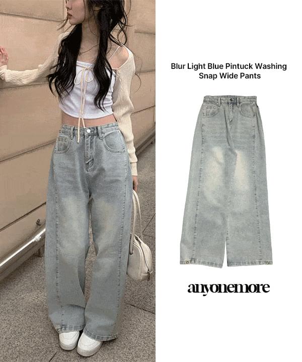 Blur Light Blue blue pin tuck Faded snap wide pants