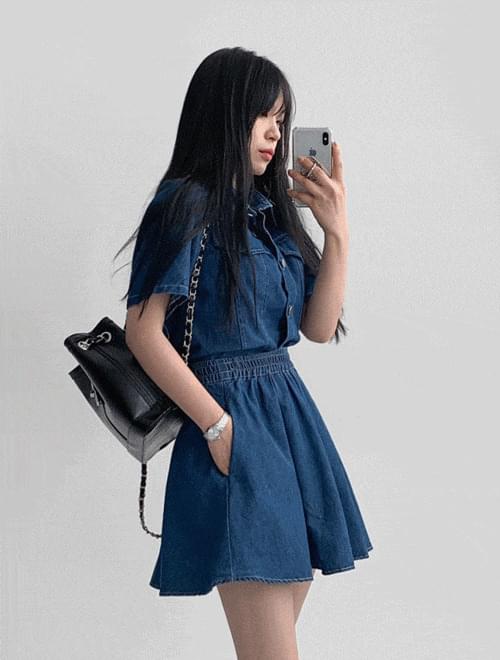 Denim shirt two-piece - top + skirt set/underpants lining/2 colors