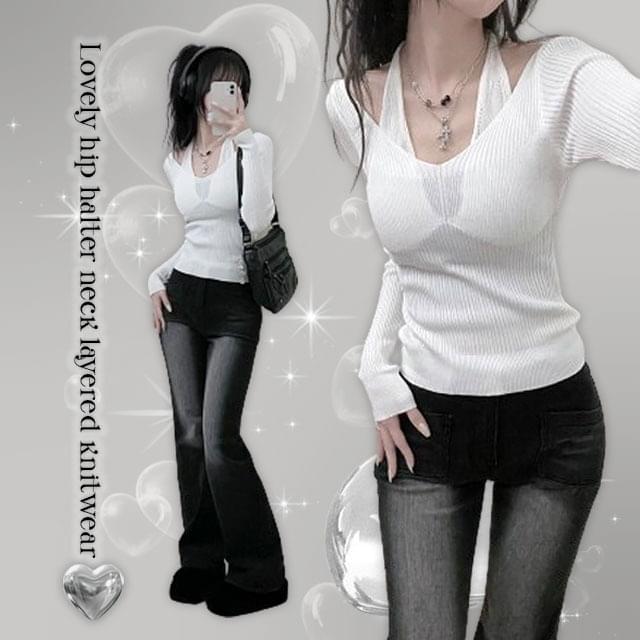 Glam Halter Neck Slim Fit Ribbed Knitwear Long Sleeve Tee