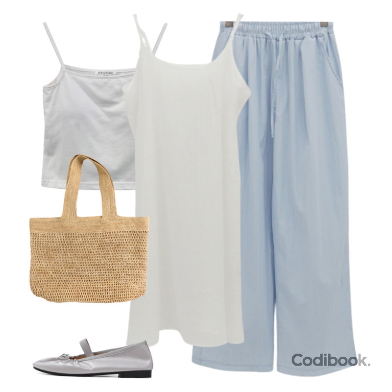 DAILYJOU 비스켓 브라탑 캡 나시(캡내장)(크롭/기본) - 5 color,ITSHU 슈슈 새틴 셔링 리본 밴딩 컴포터블 데일리 플랫(1.5cm),frenchaube 라펠 라피아 밀짚 여름 바캉스 여행 라탄백 가방등을 매치한 코디