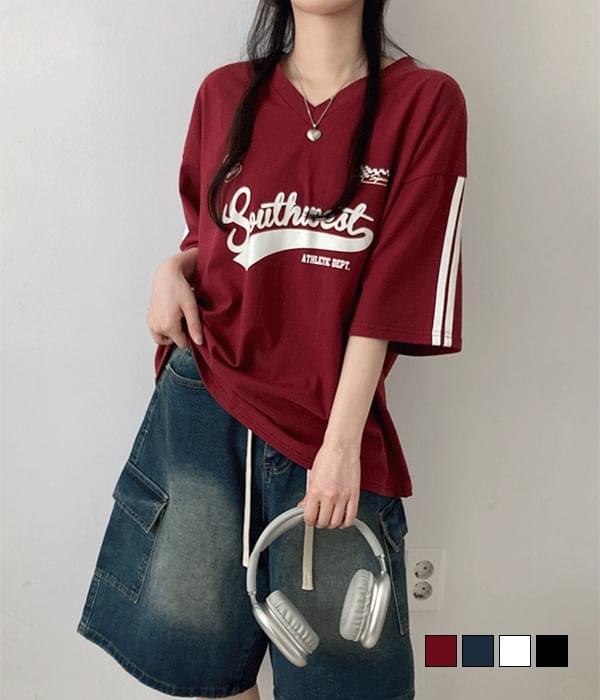 트랙웨이 브이넥 배색 져지 라인 루즈핏 반팔 티셔츠