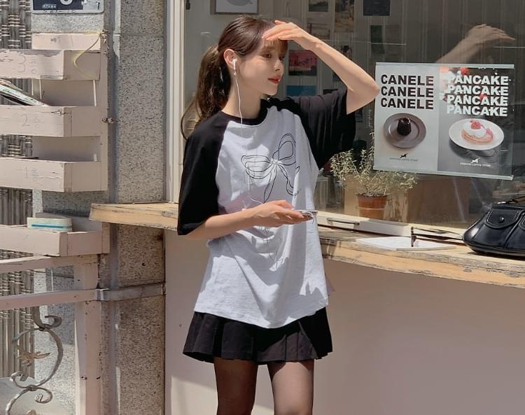 プリント配色ラグラン半袖Tシャツ