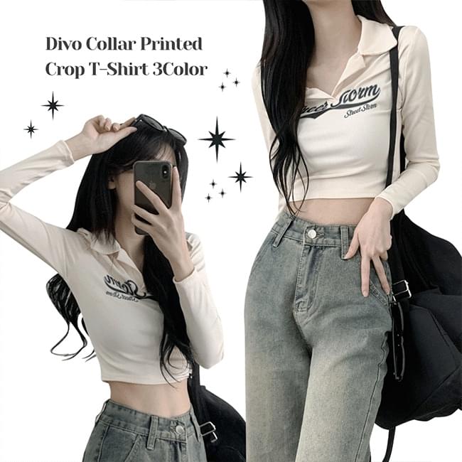 Divo Collar Spandex Lettering Crop Long Sleeve T-shirt