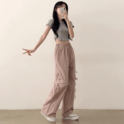 러블리 블린느 사이드 투리본 밴딩 와이드 나일론 팬츠 (4color)