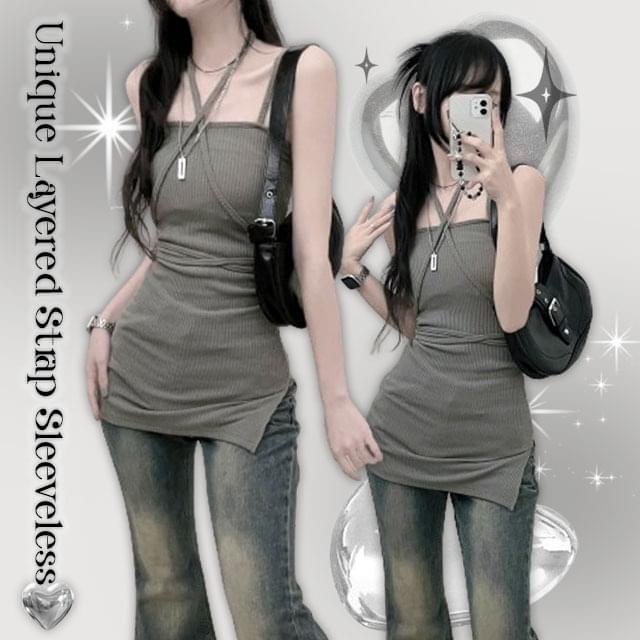 リブゴルジレイヤードレイヤードストラップスリーブレス
