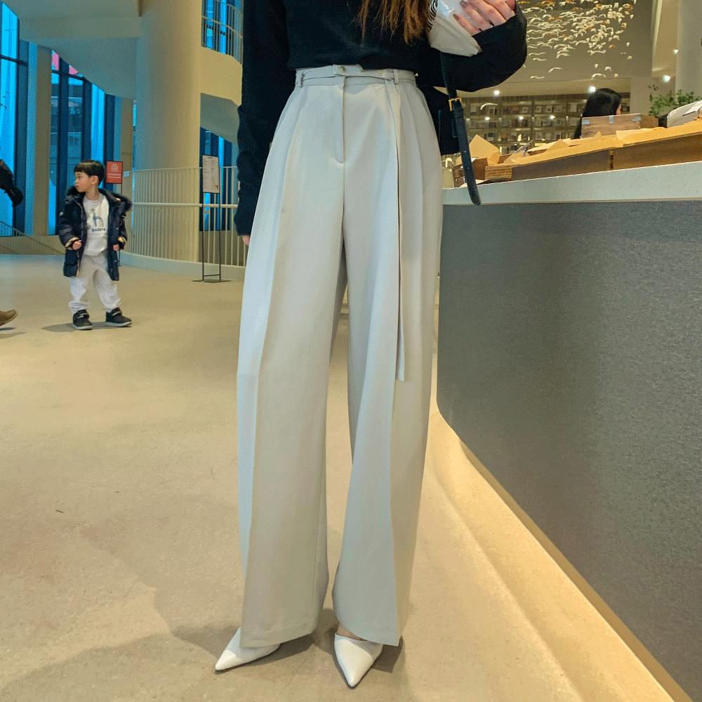 Fluffy two-pin tuck back banding belt spring slacks high waist wide long pants puffy straight pants wedding guest look 4COL