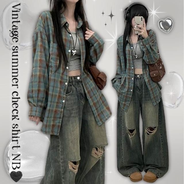 Summer Shirt*Picnic See-through Check Overfit Shirt Shirt 衬衫